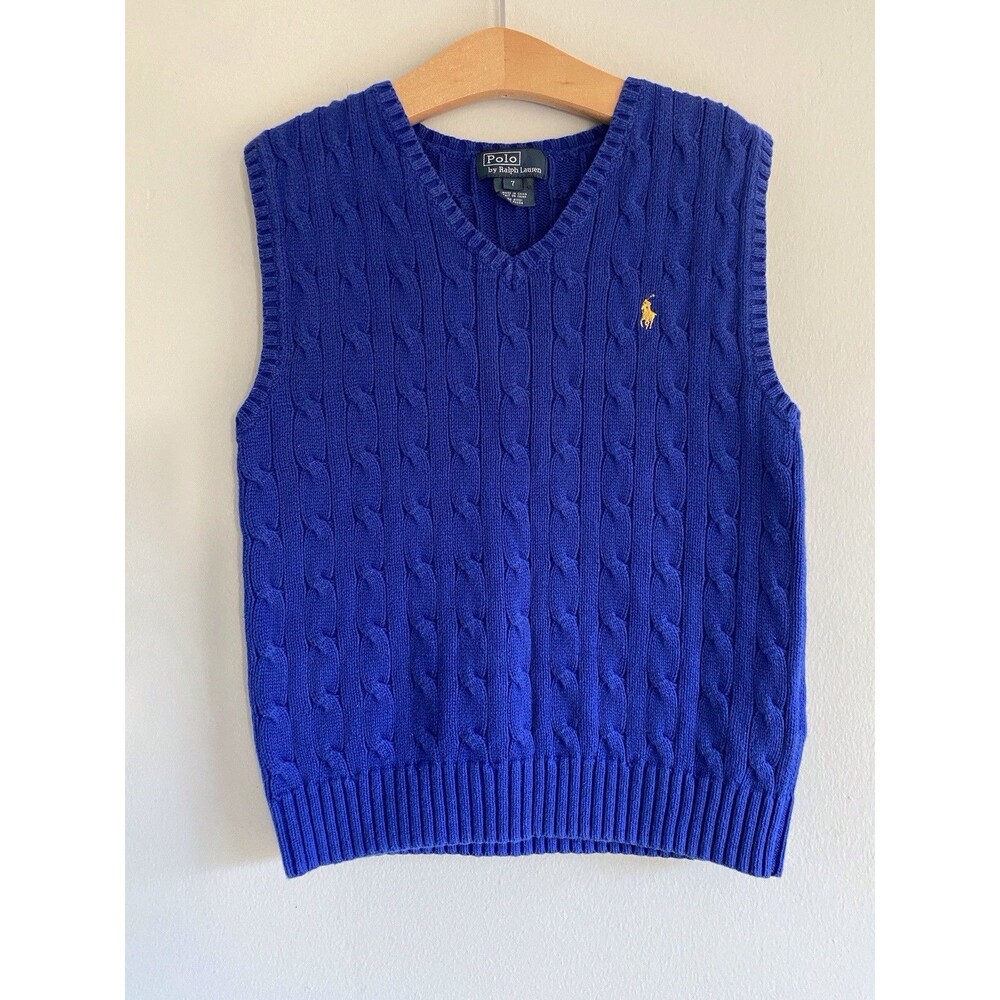 Rare Vintage Polo Ralph Lauren Kids Cobalt Blue Cable Knit Sweater Vest Size 7